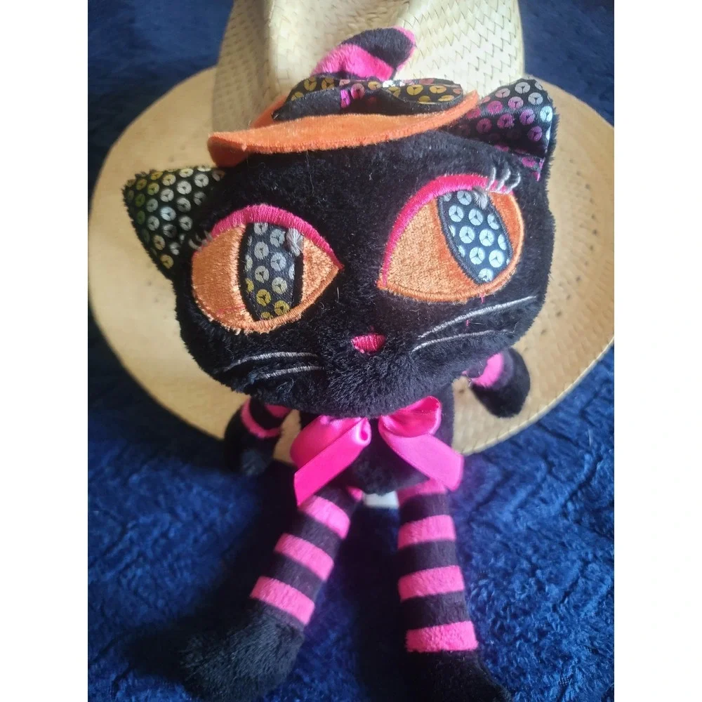 Dan Dee Collectors Choice Black Cat Plush Halloween Pink Striped Sequin Eyes